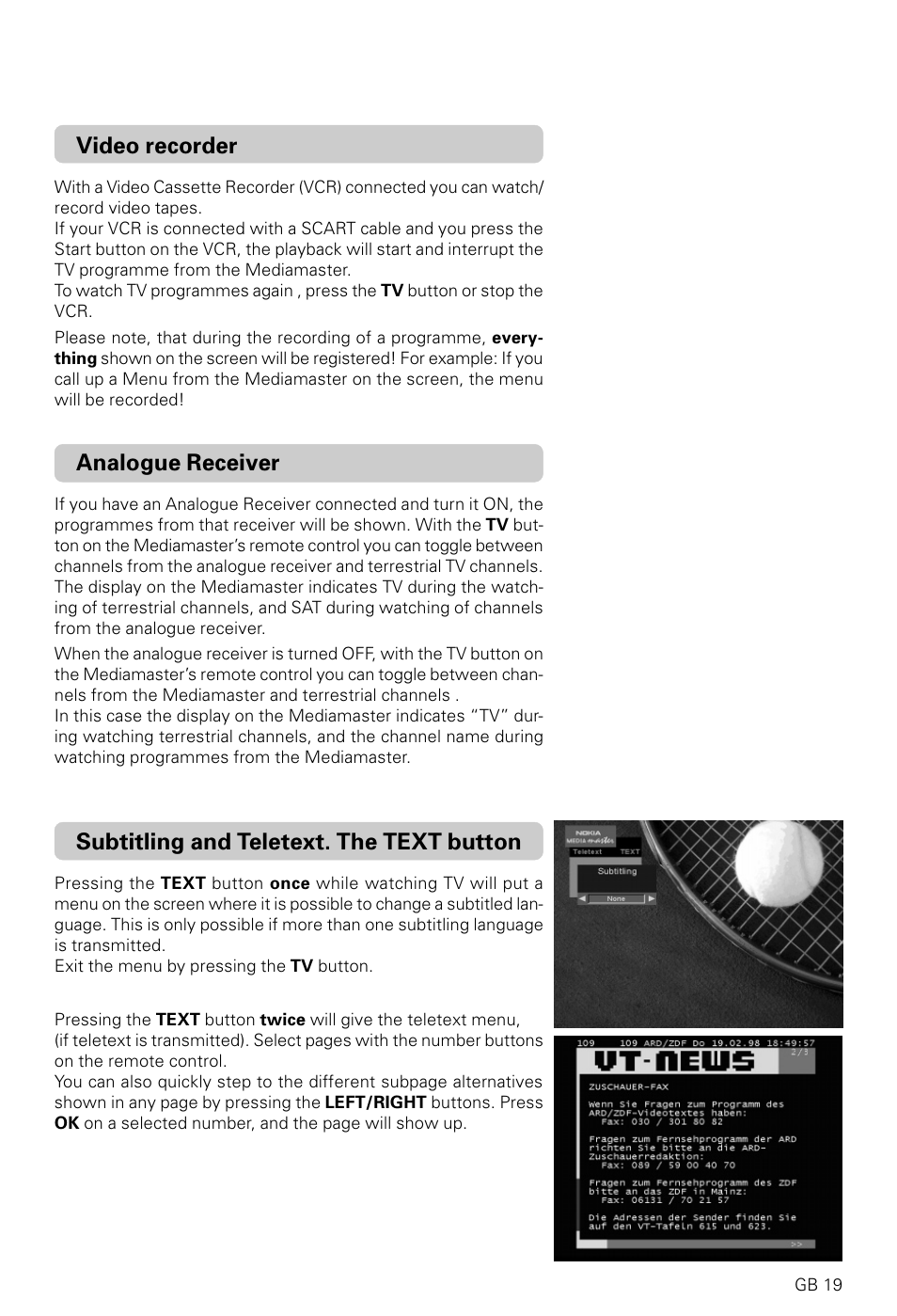 Subtitling and teletext. the text button, Video recorder, Analogue receiver | Nokia 9600S User Manual | Page 19 / 28