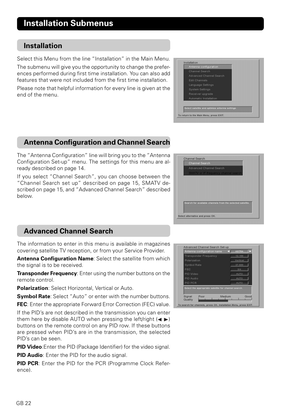 Installation submenus, Antenna configuration and channel search, Installation | Advanced channel search | Nokia 9600S User Manual | Page 22 / 28