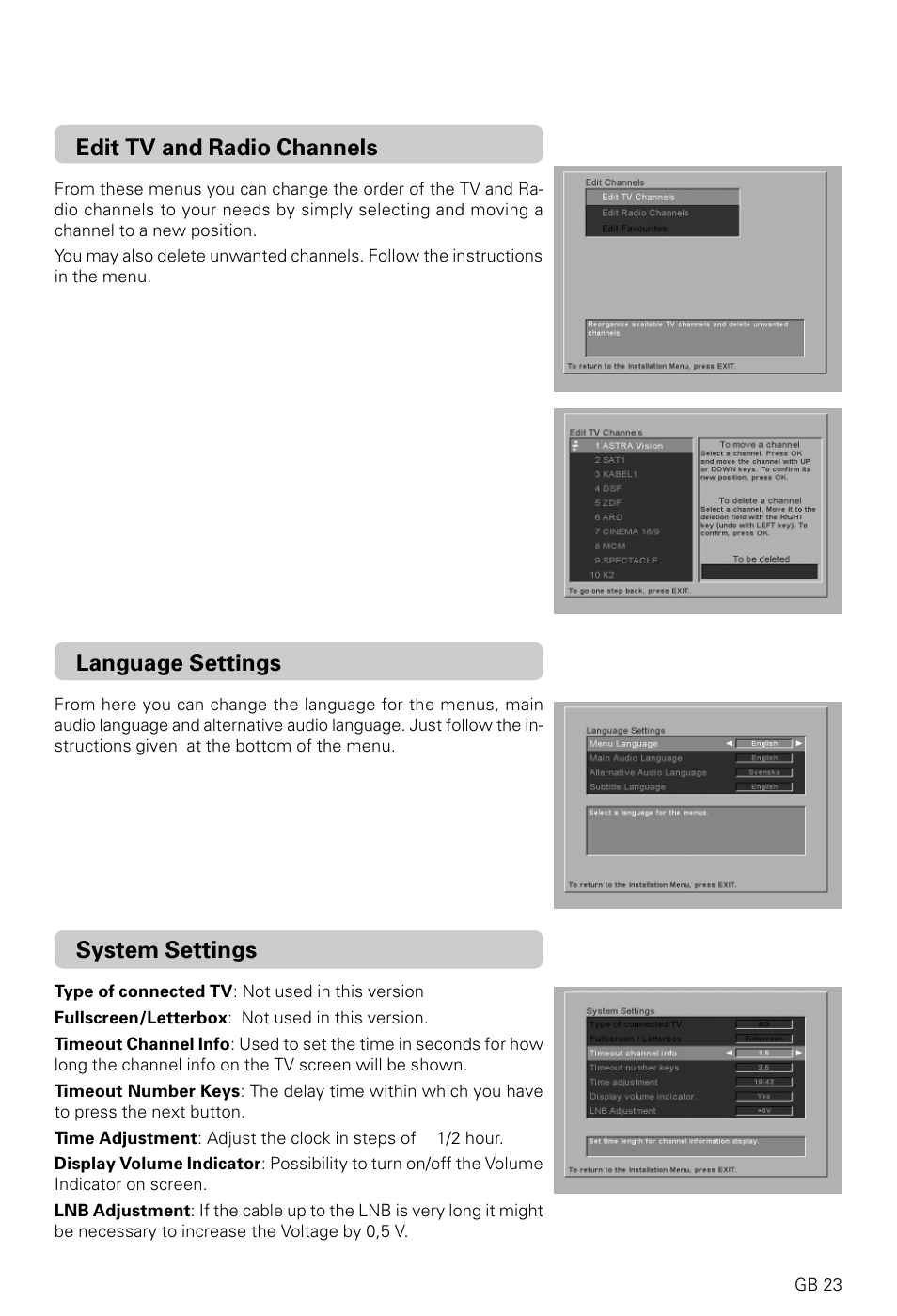Edit tv and radio channels, Language settings, System settings | Nokia 9600S User Manual | Page 23 / 28