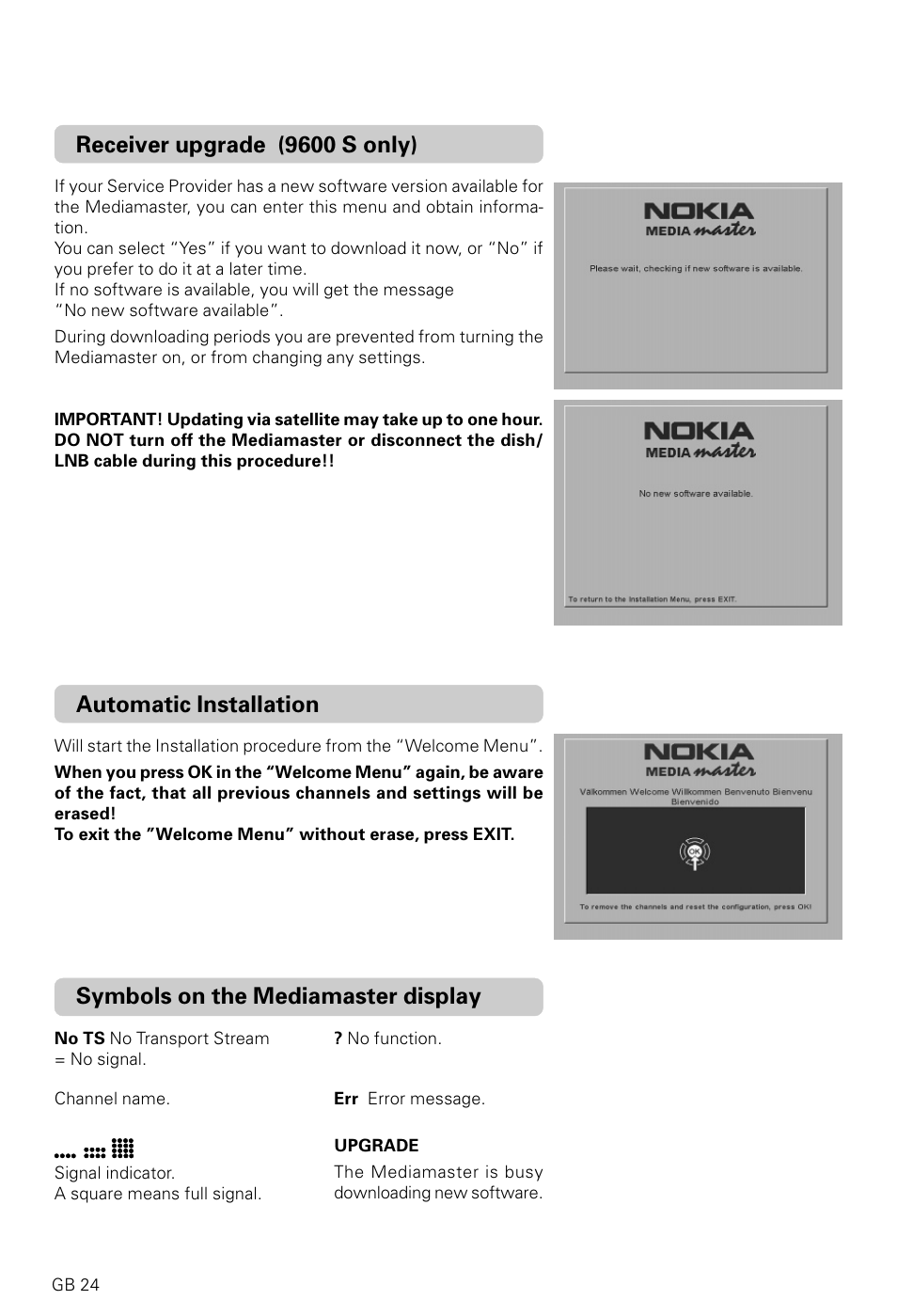 Symbols on the mediamaster display, Automatic installation, Receiver upgrade (9600 s only) | Nokia 9600S User Manual | Page 24 / 28