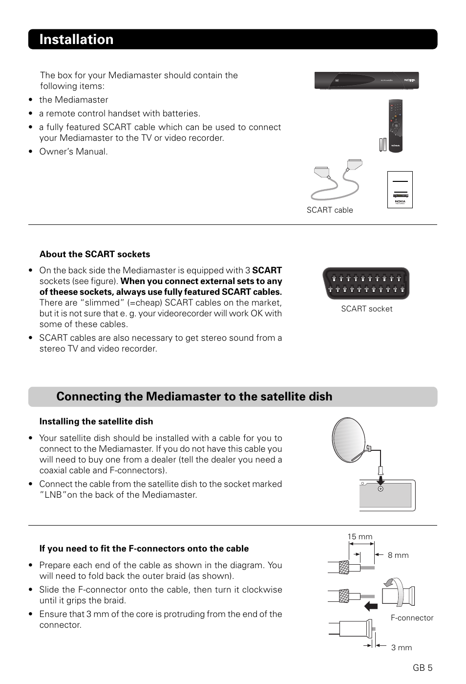 Installation, Connecting the mediamaster to the satellite dish | Nokia 9600S User Manual | Page 5 / 28
