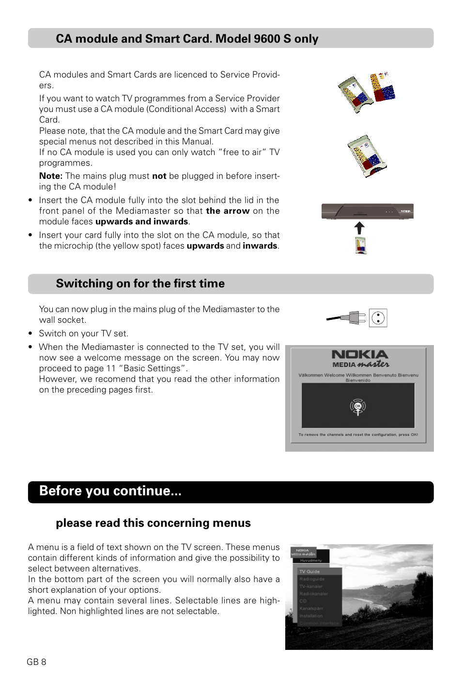 Before you continue, Ca module and smart card. model 9600 s only, Switching on for the first time | Please read this concerning menus | Nokia 9600S User Manual | Page 8 / 28