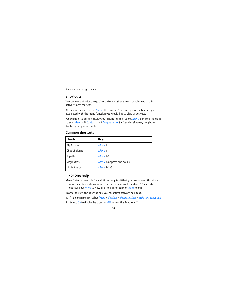 Shortcuts, In-phone help | Nokia 12115i User Manual | Page 15 / 113