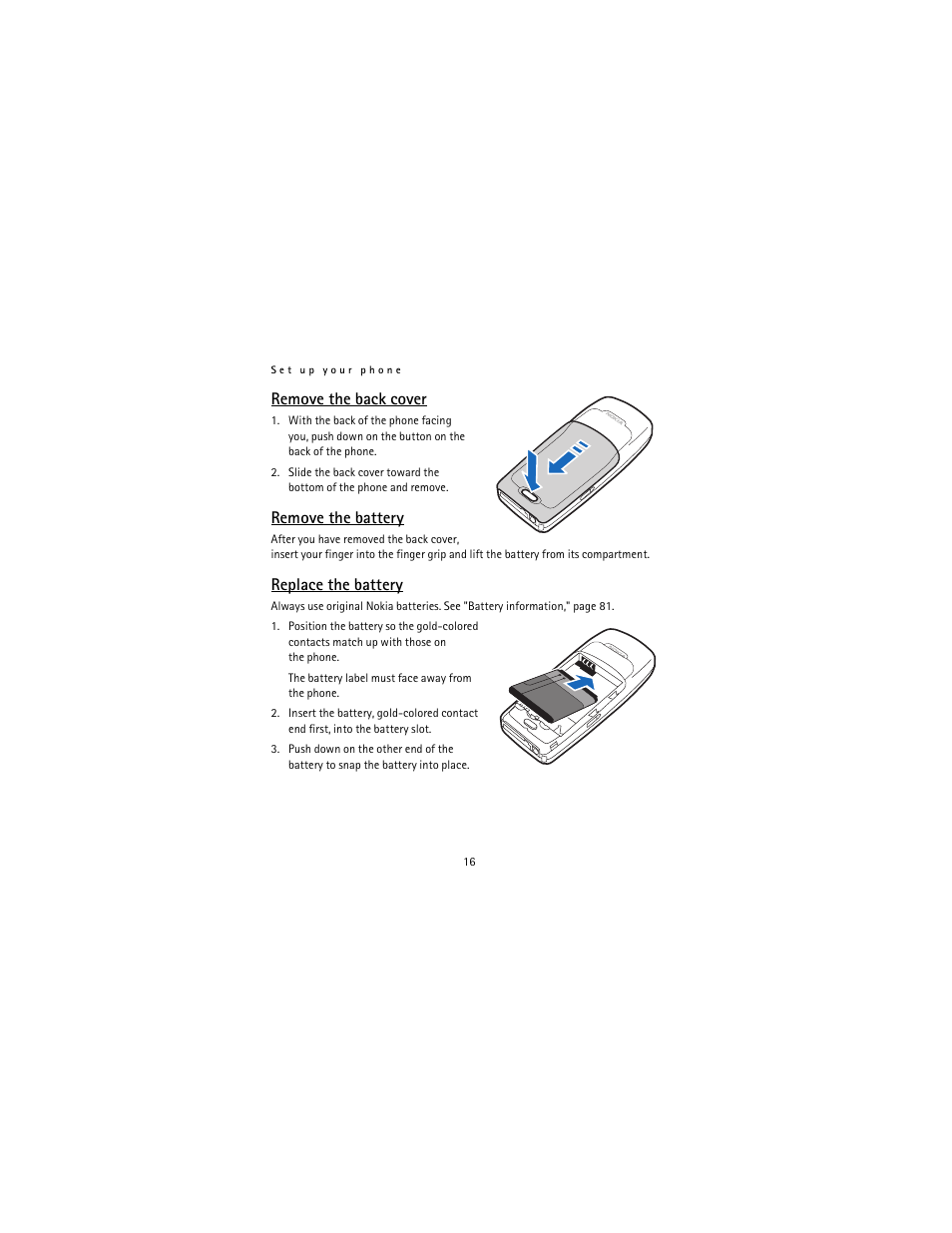 Remove the back cover, Remove the battery, Replace the battery | Nokia 12115i User Manual | Page 17 / 113