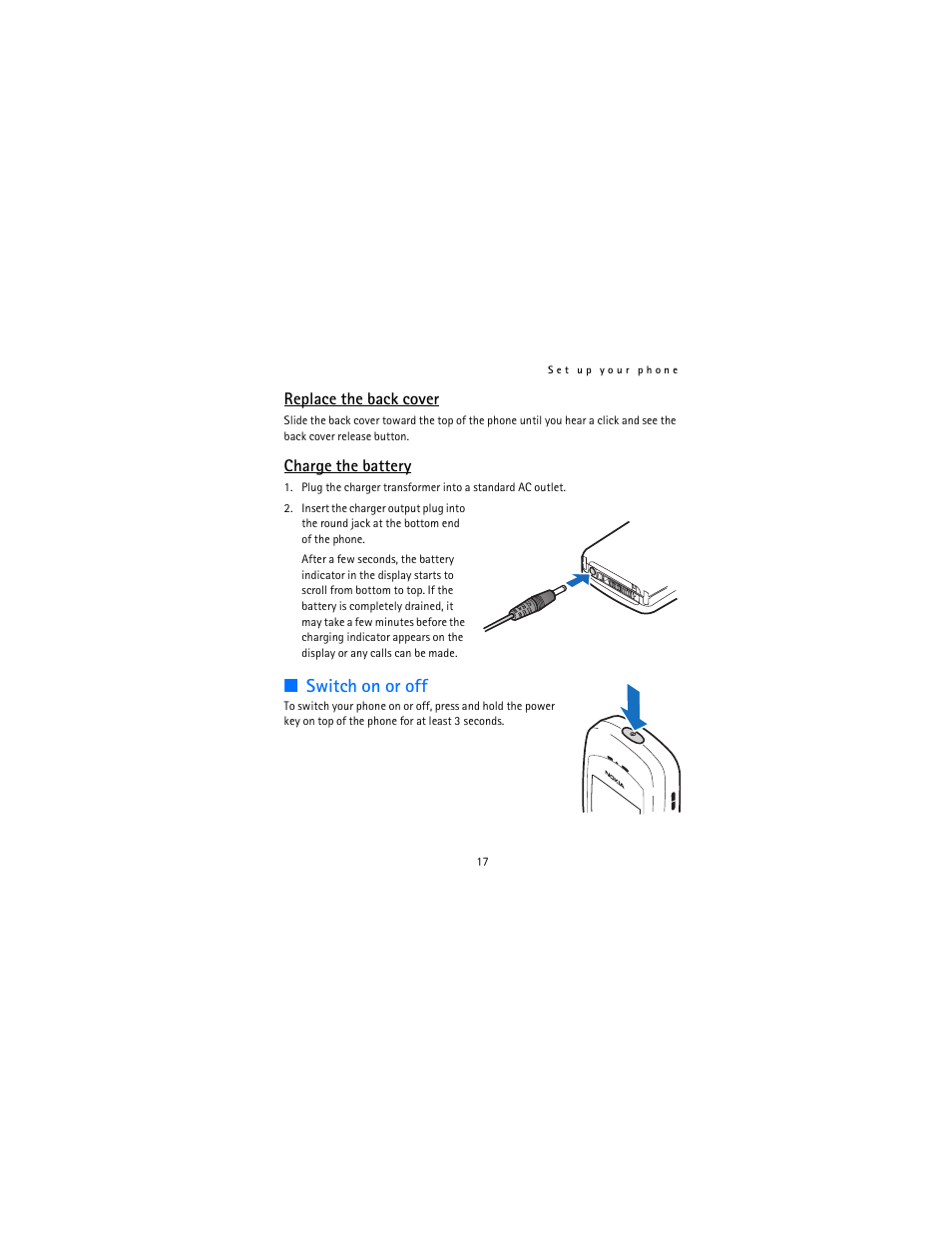 Switch on or off, Replace the back cover, Charge the battery | Nokia 12115i User Manual | Page 18 / 113