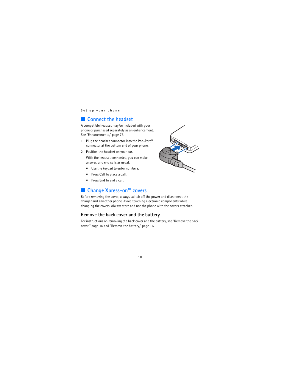 Connect the headset, Change xpress-on™ covers, Remove the back cover and the battery | Nokia 12115i User Manual | Page 19 / 113