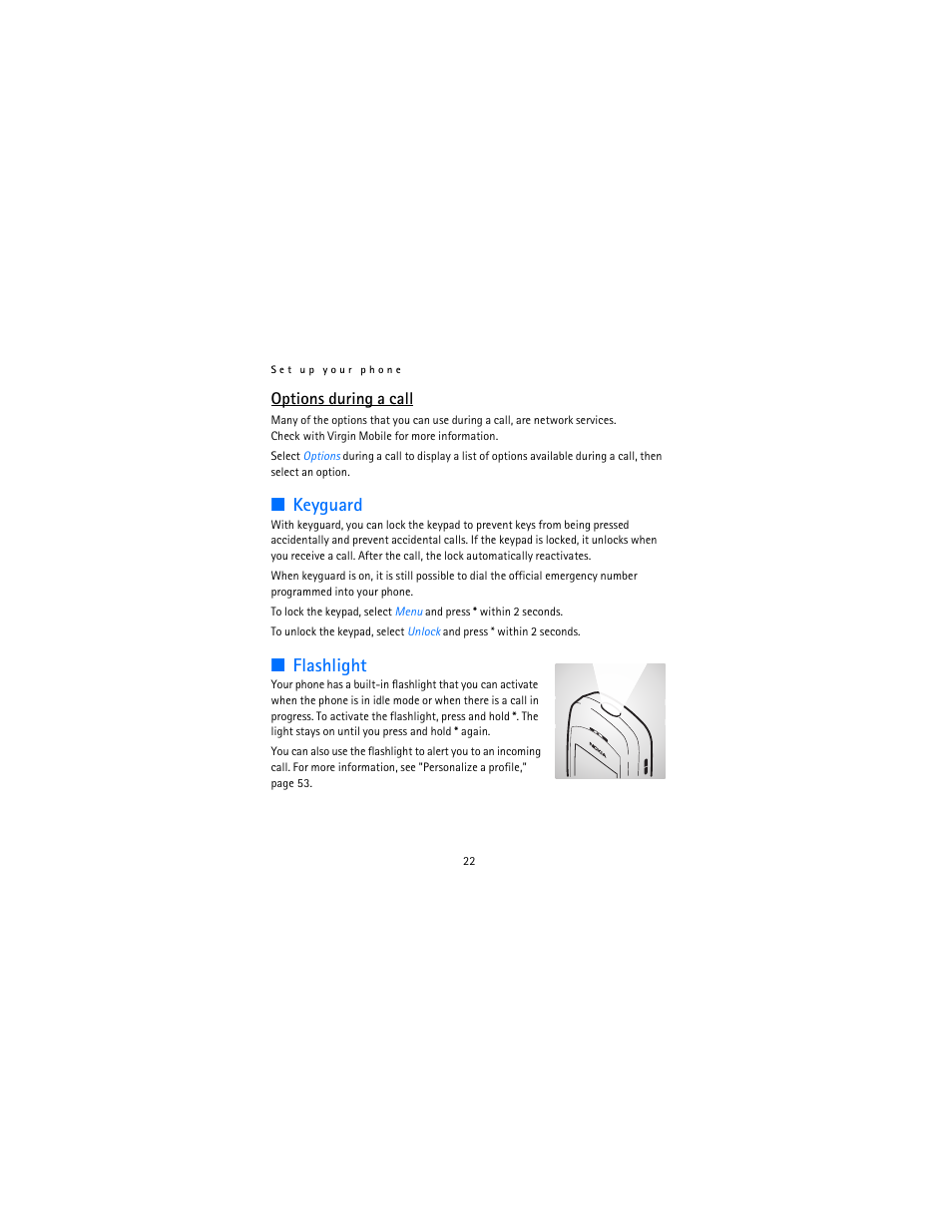 Keyguard, Flashlight, Options during a call | Nokia 12115i User Manual | Page 23 / 113