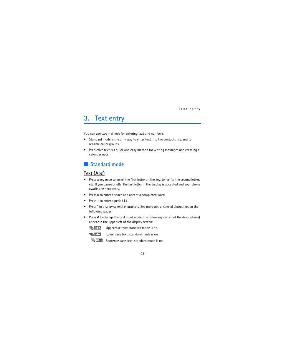 Text entry, Standard mode, Text (abc) | Nokia 12115i User Manual | Page 24 / 113