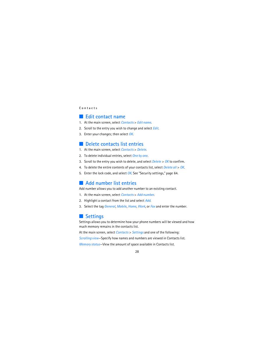 Edit contact name, Delete contacts list entries, Add number list entries | Settings | Nokia 12115i User Manual | Page 29 / 113