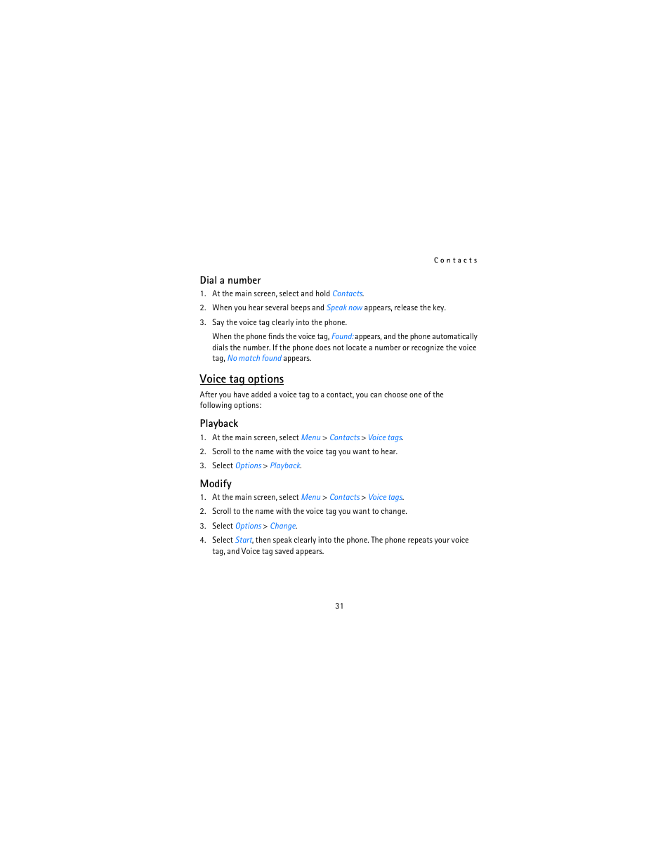 Voice tag options | Nokia 12115i User Manual | Page 32 / 113