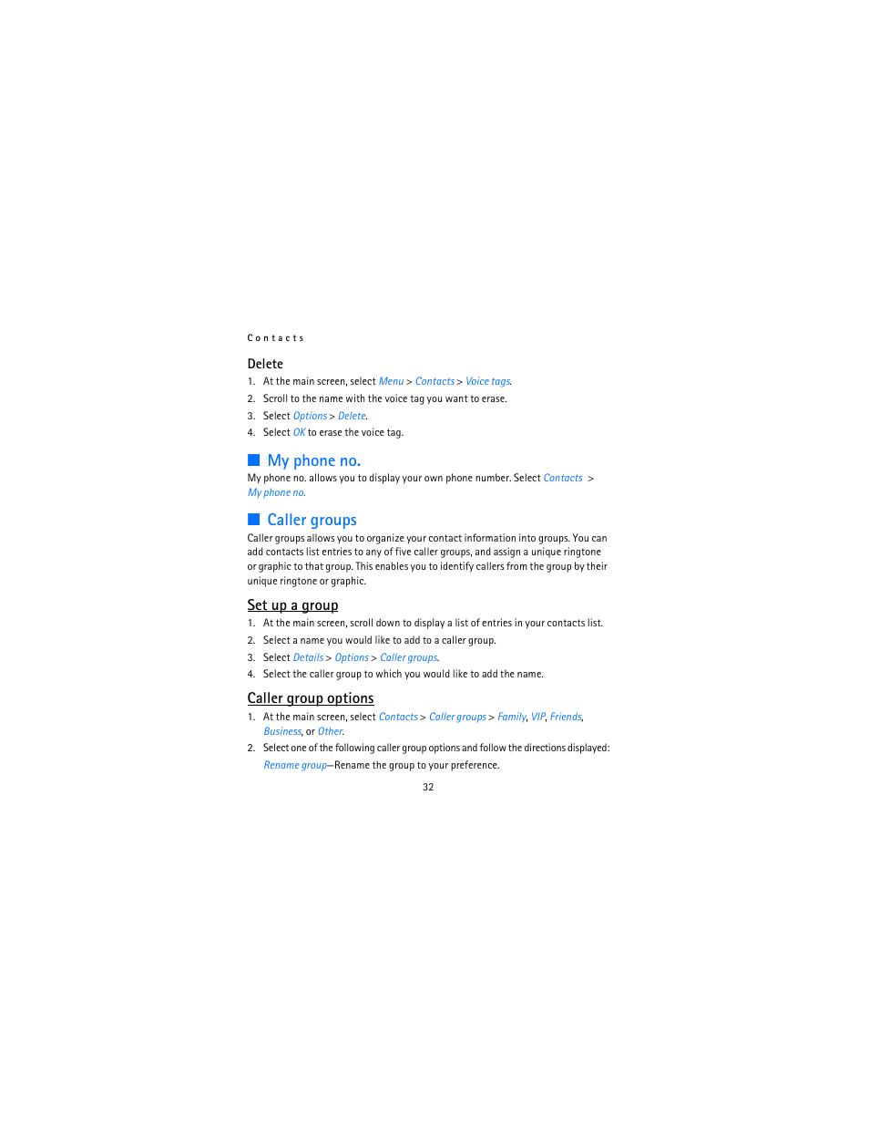 My phone no, Caller groups, Set up a group | Caller group options | Nokia 12115i User Manual | Page 33 / 113