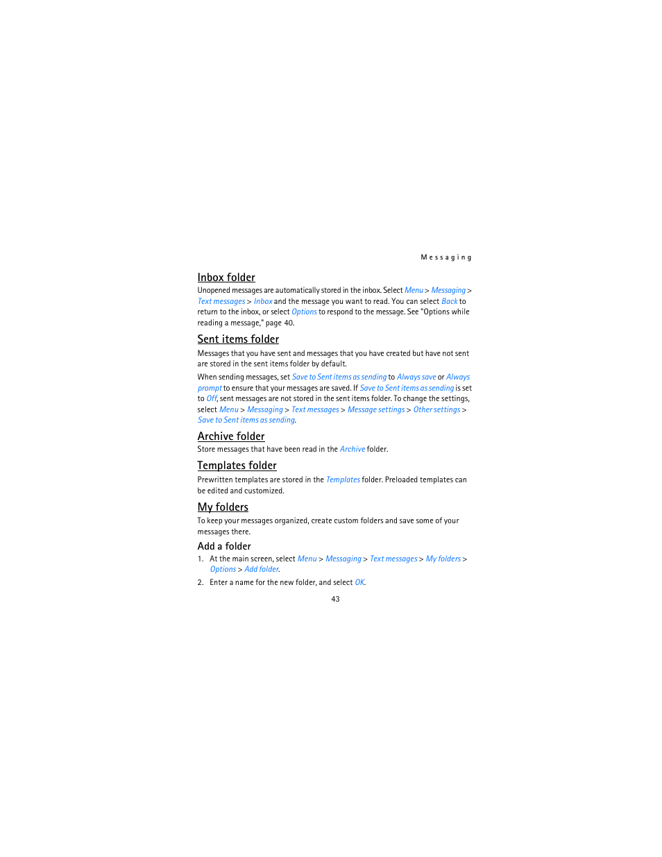 Inbox folder, Sent items folder, Archive folder | Templates folder, My folders | Nokia 12115i User Manual | Page 44 / 113