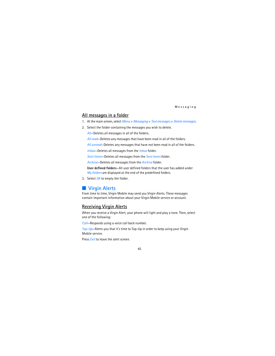 Virgin alerts, All messages in a folder, Receiving virgin alerts | Nokia 12115i User Manual | Page 46 / 113