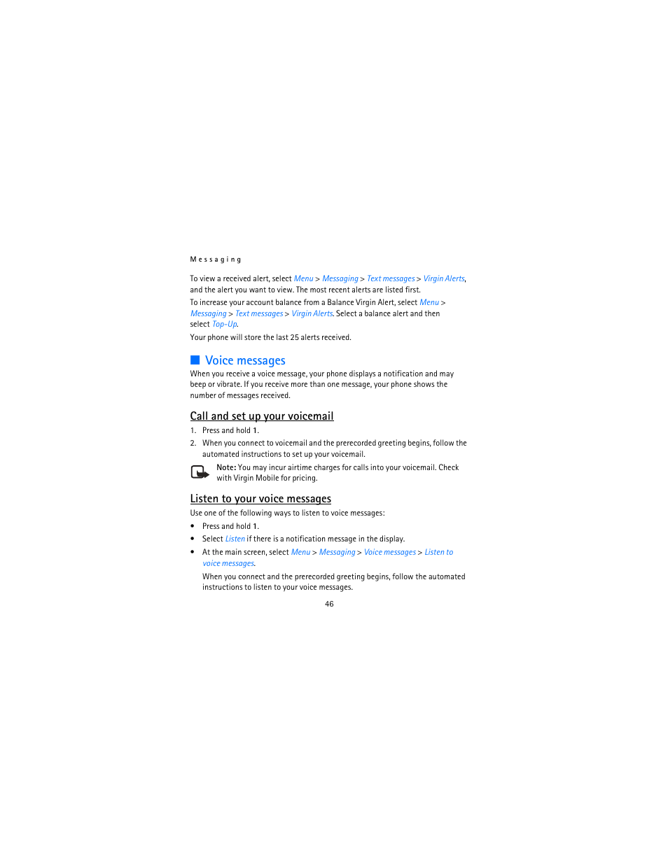 Voice messages, Call and set up your voicemail, Listen to your voice messages | Nokia 12115i User Manual | Page 47 / 113