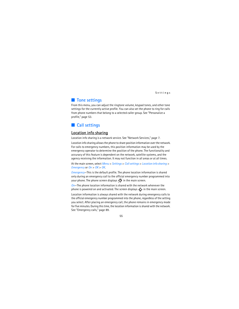Tone settings, Call settings, Location info sharing | Nokia 12115i User Manual | Page 56 / 113