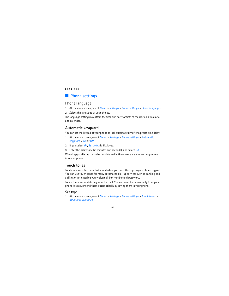Phone settings, Phone language, Automatic keyguard | Touch tones | Nokia 12115i User Manual | Page 59 / 113