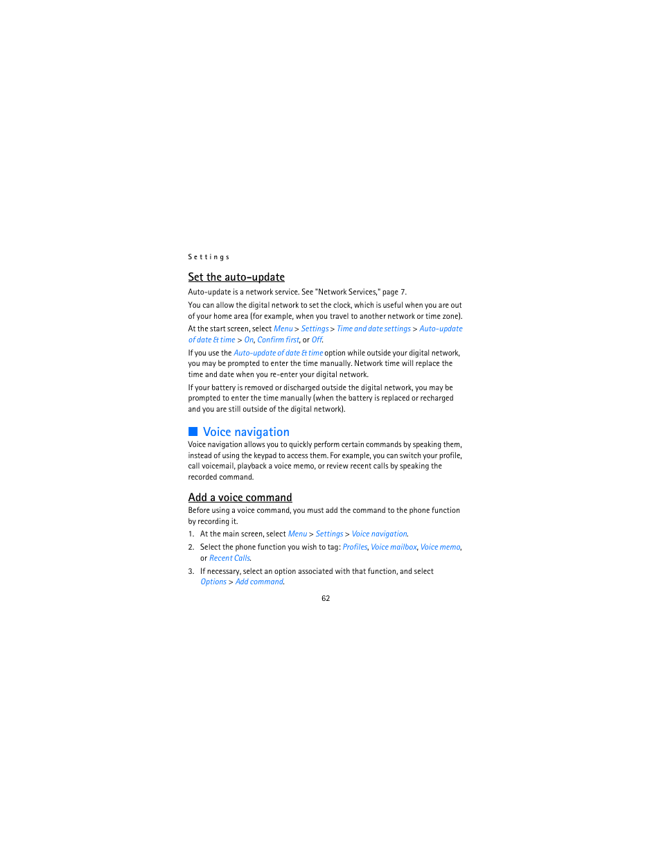 Voice navigation, Set the auto-update, Add a voice command | Nokia 12115i User Manual | Page 63 / 113