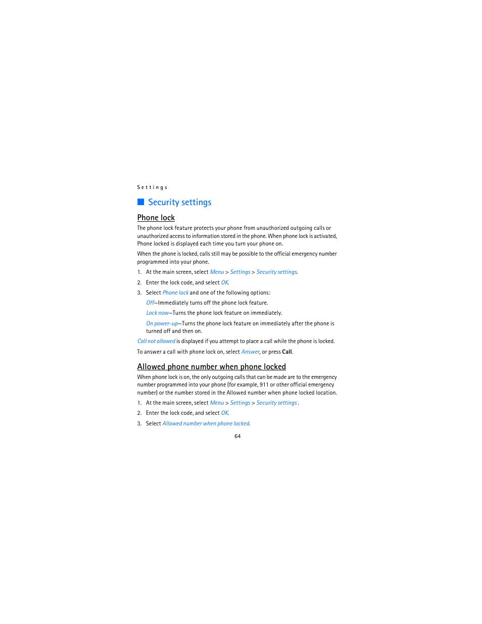 Security settings, Phone lock, Allowed phone number when phone locked | Nokia 12115i User Manual | Page 65 / 113