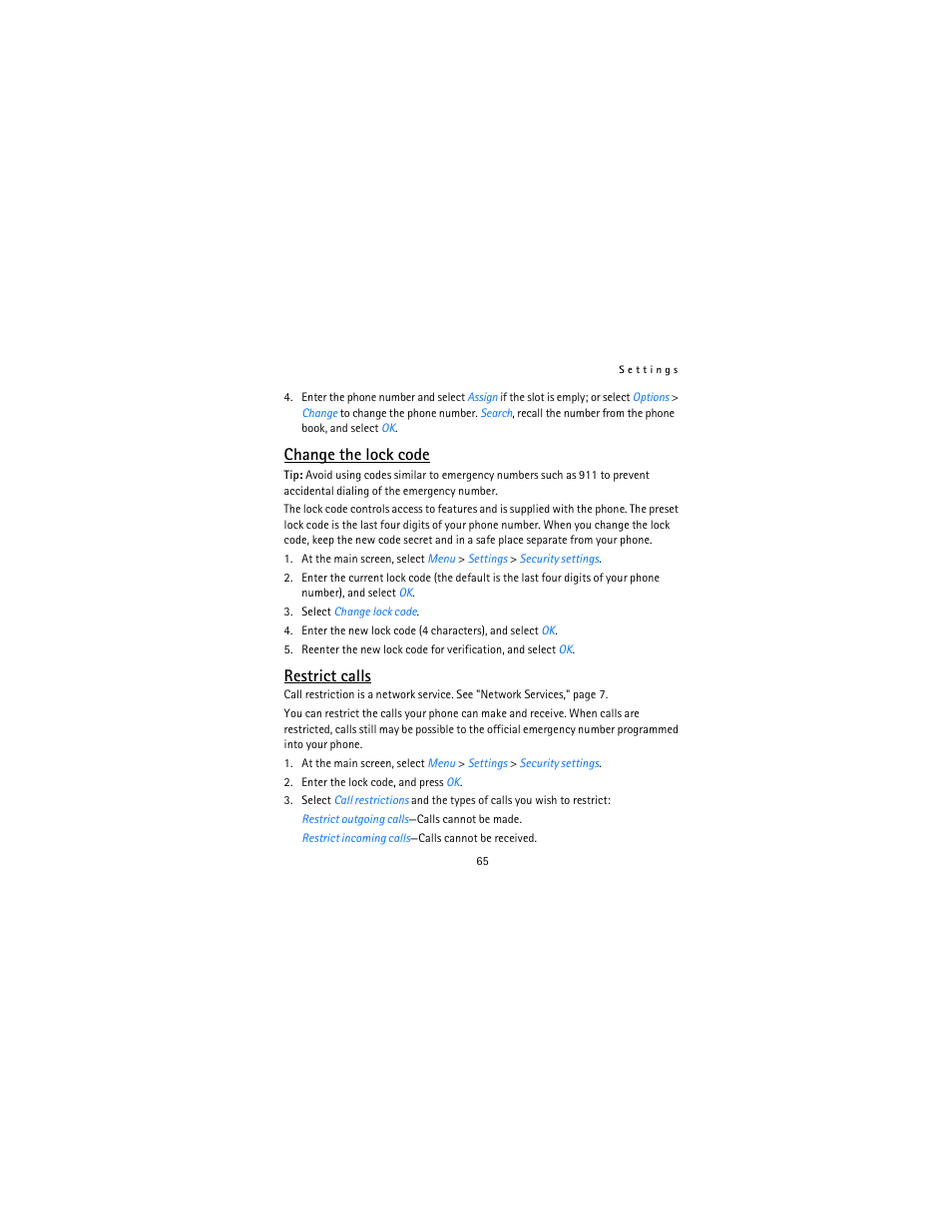 Change the lock code, Restrict calls | Nokia 12115i User Manual | Page 66 / 113