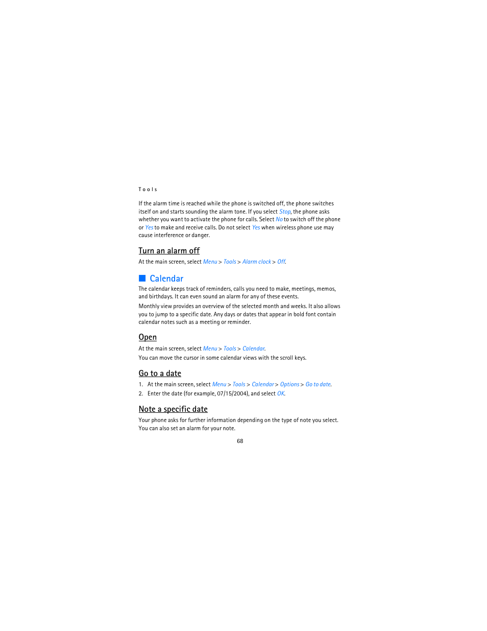 Calendar, Turn an alarm off, Open | Go to a date | Nokia 12115i User Manual | Page 69 / 113