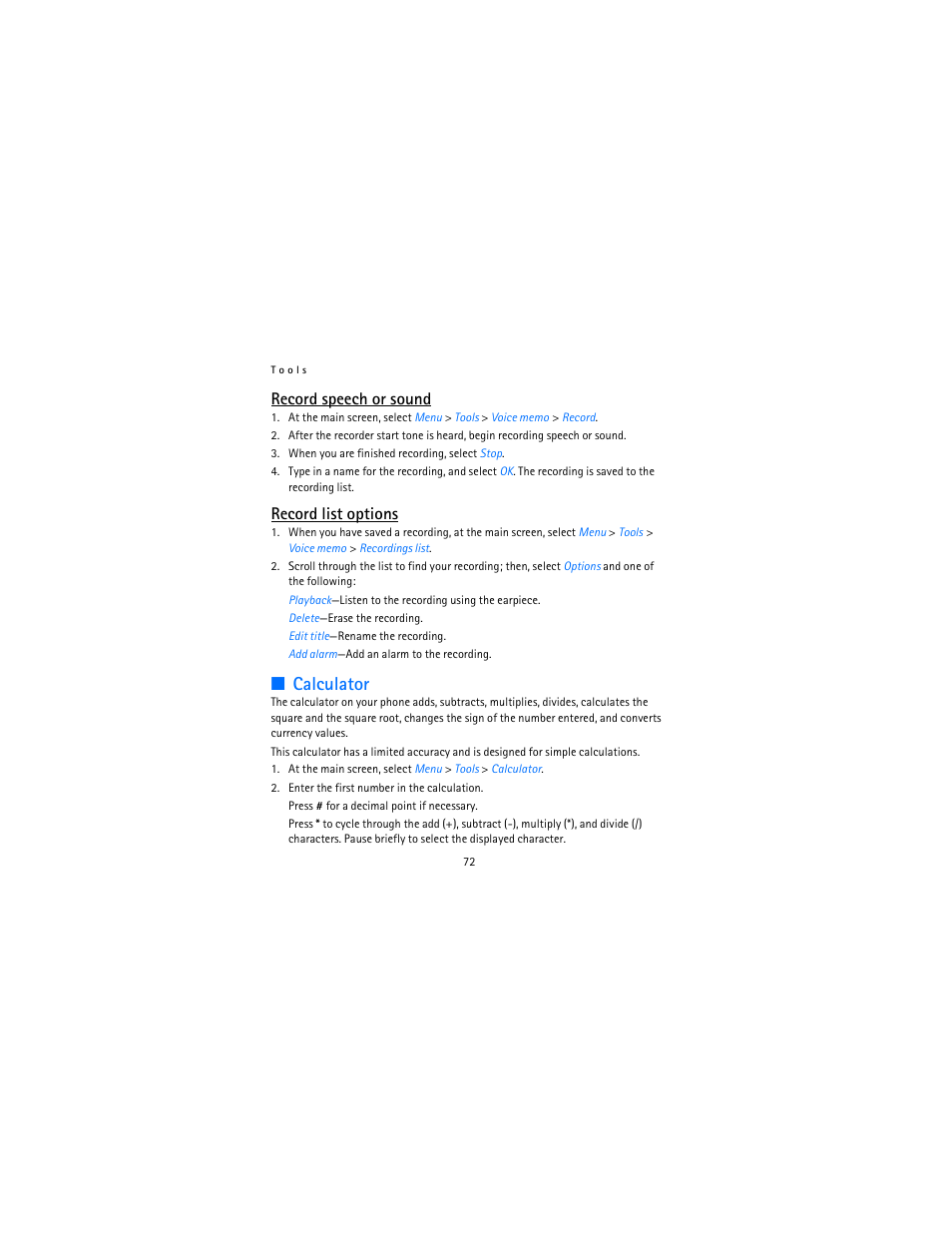 Calculator, Record speech or sound, Record list options | Nokia 12115i User Manual | Page 73 / 113