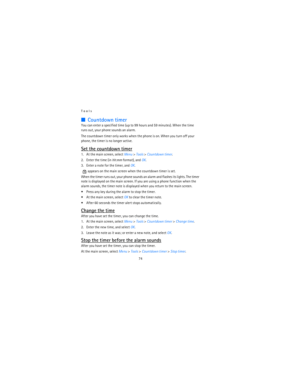 Countdown timer, Set the countdown timer, Change the time | Stop the timer before the alarm sounds | Nokia 12115i User Manual | Page 75 / 113