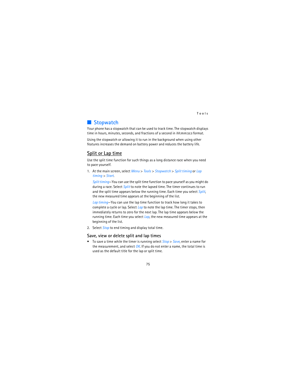 Stopwatch, Split or lap time | Nokia 12115i User Manual | Page 76 / 113