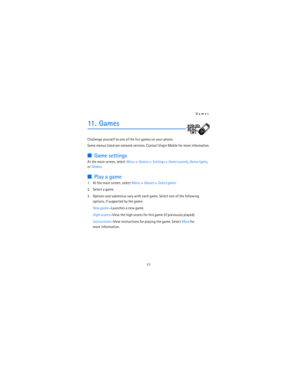 Games, Game settings, Play a game | Nokia 12115i User Manual | Page 78 / 113