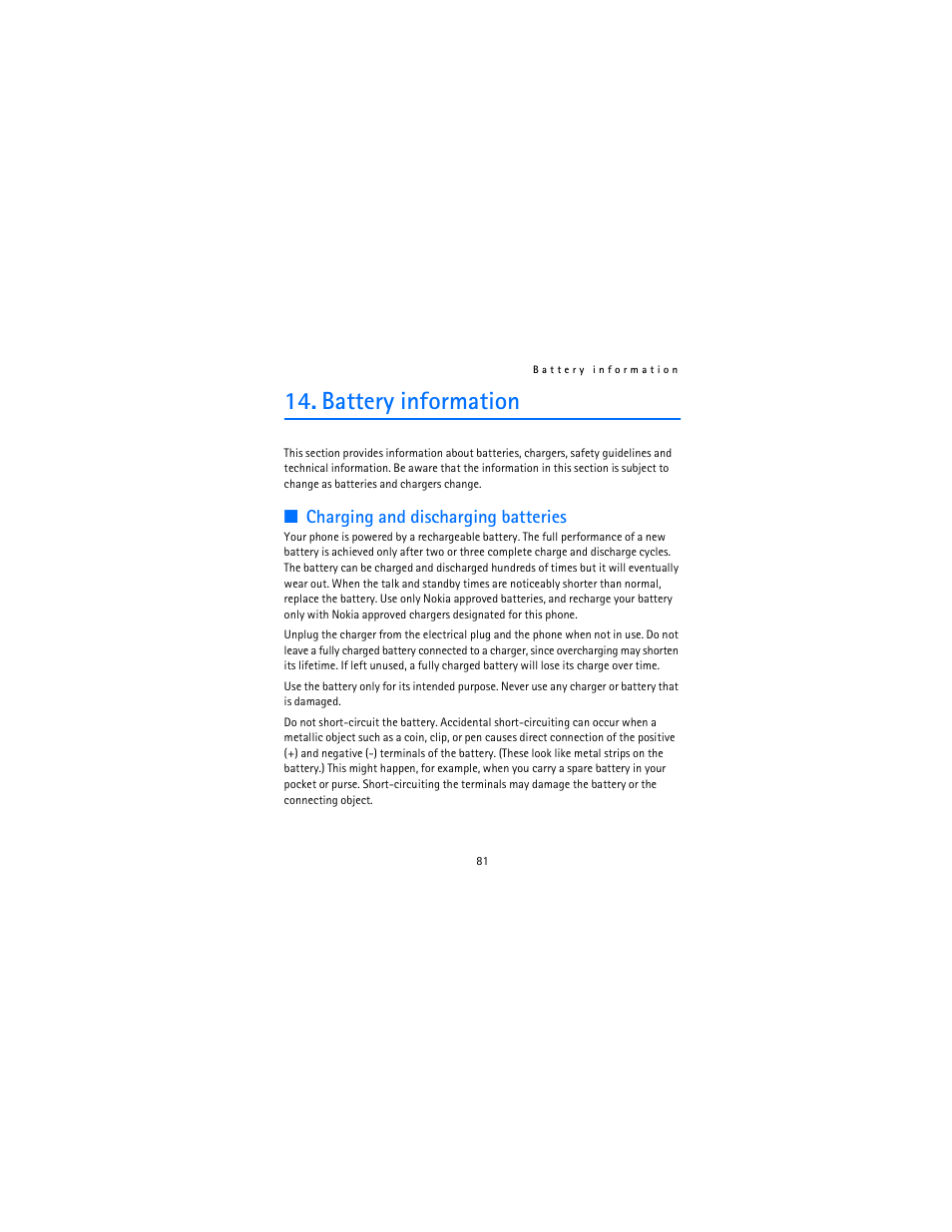 Battery information, Charging and discharging batteries | Nokia 12115i User Manual | Page 82 / 113