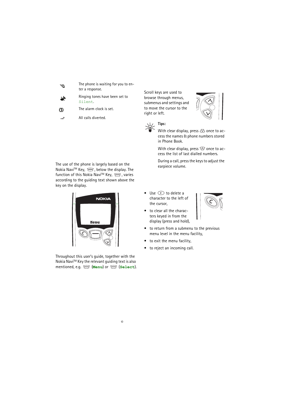 Using the keys, Navi key, Scroll keys | The c key | Nokia 5110 User Manual | Page 12 / 43