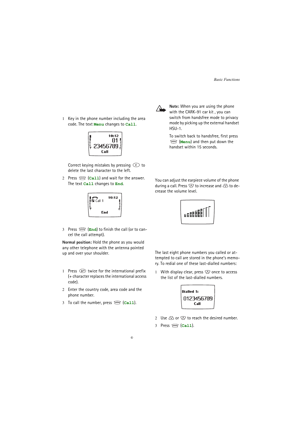 Basic functions, Making a call, International calls | Adjusting the earpiece volume, Last number redial | Nokia 5110 User Manual | Page 13 / 43