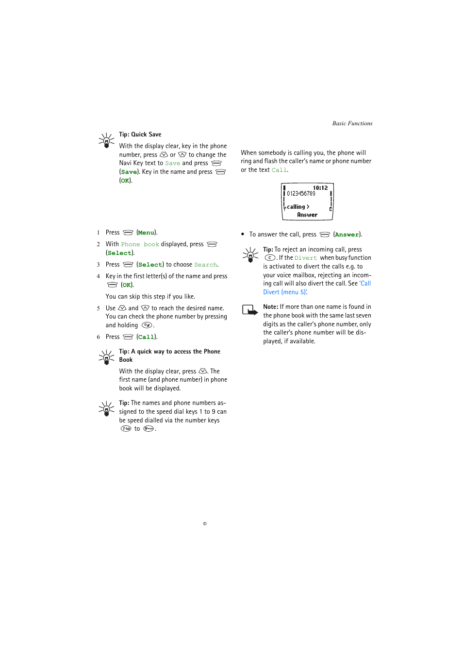 Making a call using the memory, Receiving a call | Nokia 5110 User Manual | Page 15 / 43