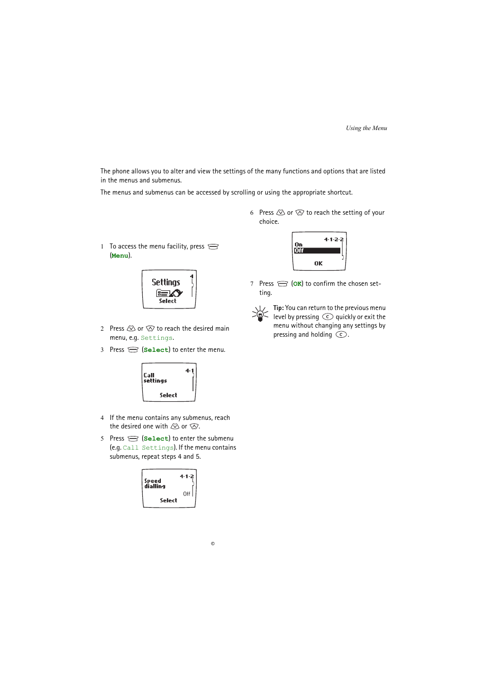 Using the menu, Accessing a menu function by scrolling | Nokia 5110 User Manual | Page 19 / 43