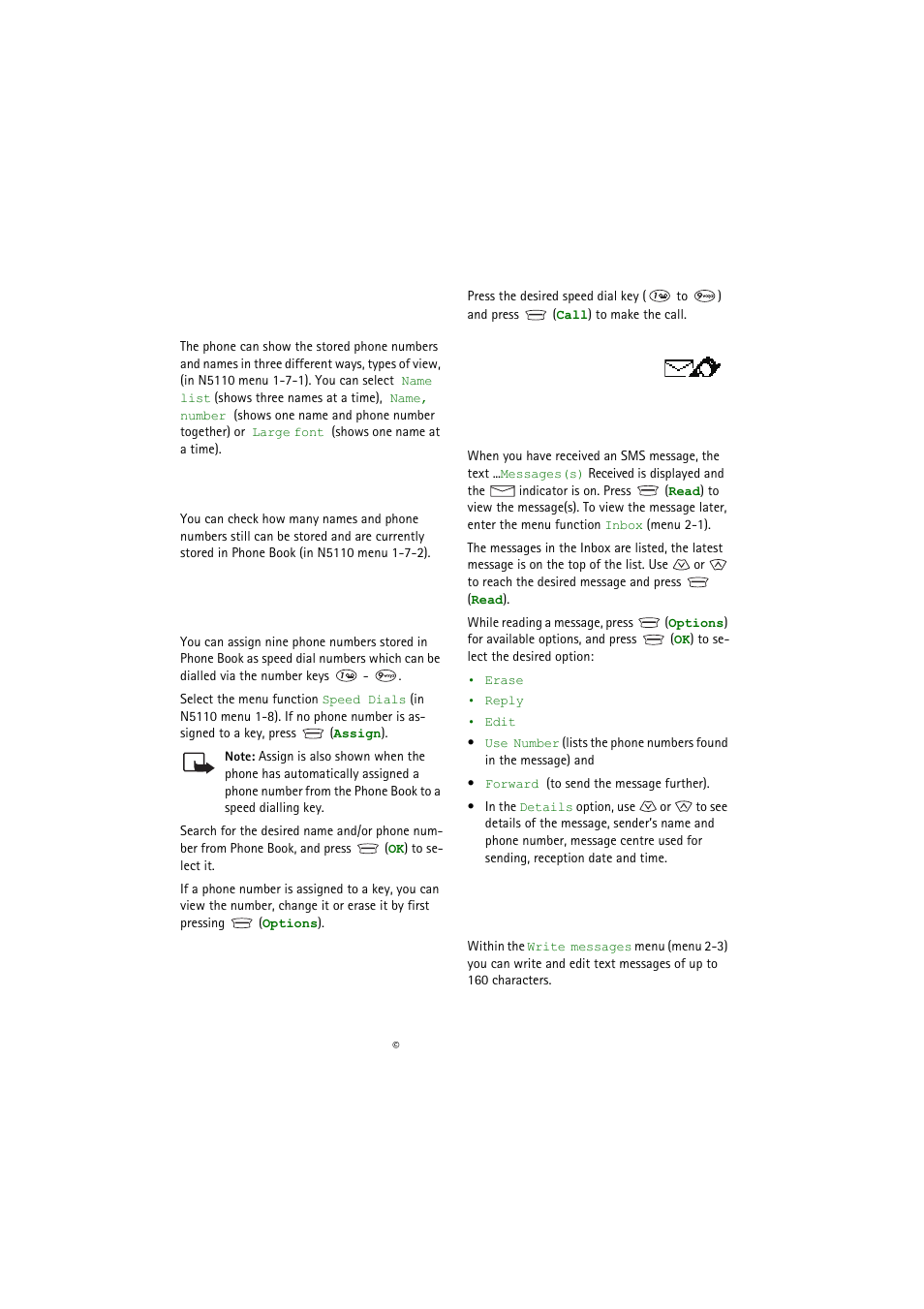 Phone book options, Checking the amount of free space in phone book, Assigning a phone number as a speed dial number | To use the speed dial key, Messages (menu 2), Read messages, Writing, sending and saving a message | Nokia 5110 User Manual | Page 22 / 43