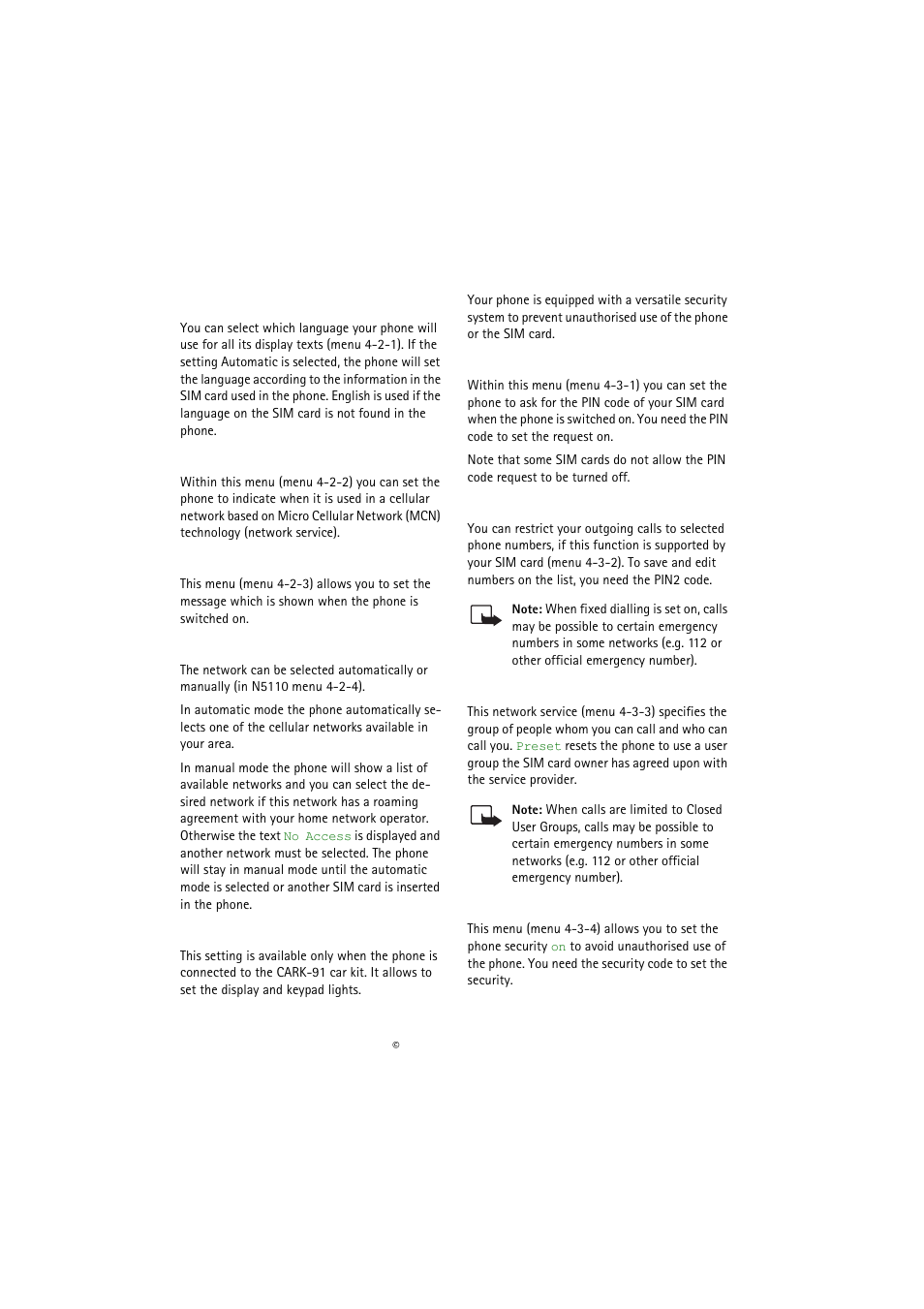 Phone settings, Language, Cell info display | Welcome note, Network selection, Lights, Security settings, Pin-code request, Fixed dialling, Closed user group | Nokia 5110 User Manual | Page 26 / 43