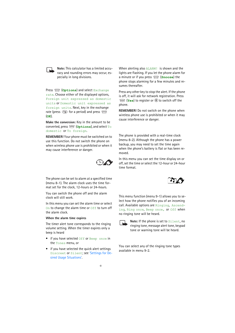 Making a currency conversion, Clock (menu 8), Alarm clock | Clock settings, Tones (menu 9), Incoming call alert, Ringing tone | Nokia 5110 User Manual | Page 28 / 43