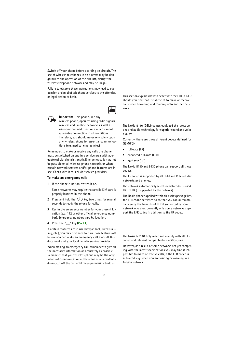 Emergency calls, Important user information, Introduction | Deactivating/activating the efr codec | Nokia 5110 User Manual | Page 36 / 43