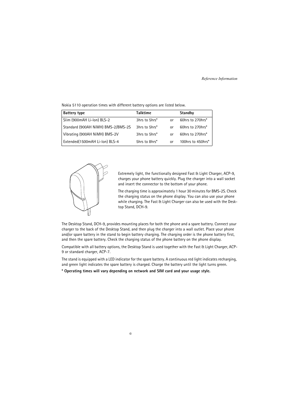 Batteries, Optional batteries, Indoor | Fast & light charger (acp-9), Desktop stand (dch-9) | Nokia 5110 User Manual | Page 39 / 43