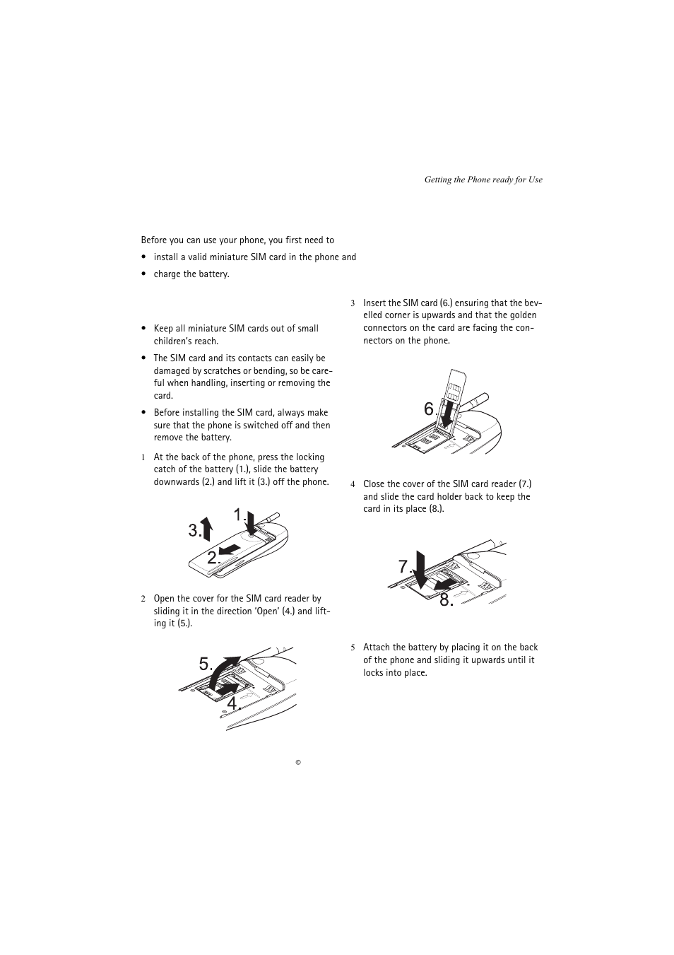 Getting the phone ready for use, Installing the sim card | Nokia 5110 User Manual | Page 9 / 43