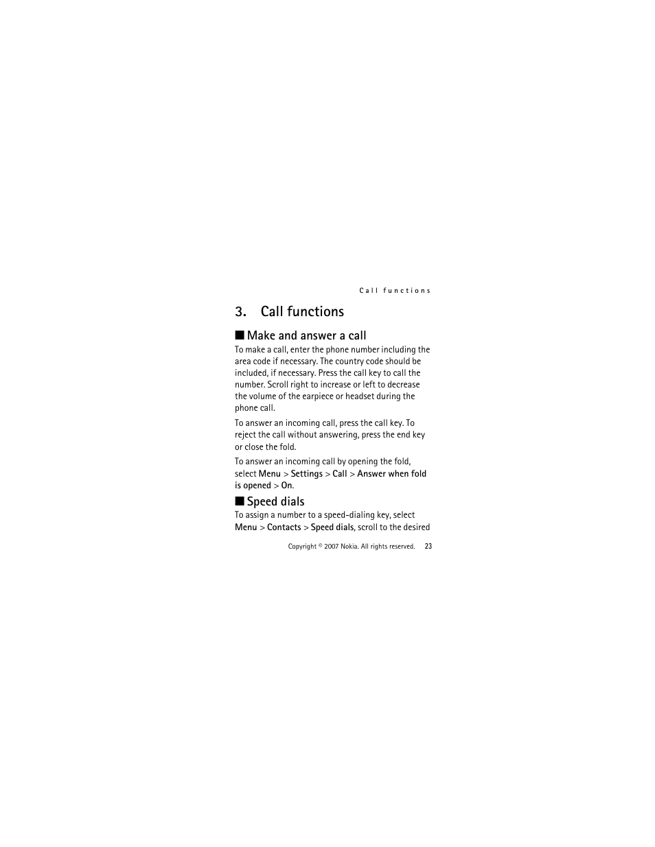 Call functions, Make and answer a call, Speed dials | Make and answer a call speed dials | Nokia 2760 User Manual | Page 24 / 99