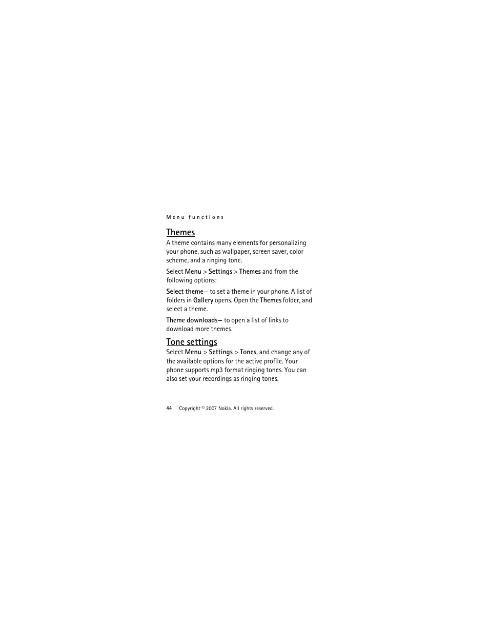 Themes, Tone settings, Themes tone settings | Nokia 2760 User Manual | Page 45 / 99