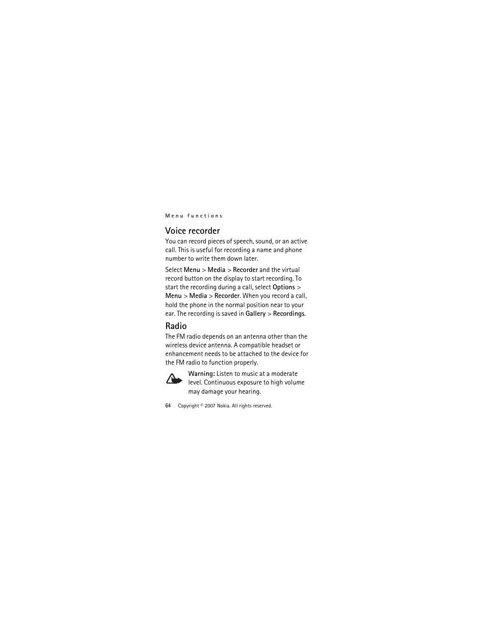 Voice recorder, Radio, Voice recorder radio | Nokia 2760 User Manual | Page 65 / 99