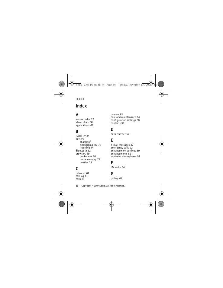 Index | Nokia 2760 User Manual | Page 97 / 99