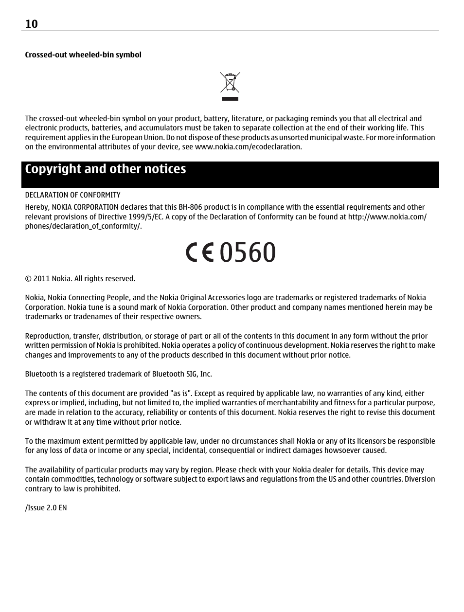 Crossed-out wheeled-bin symbol, Copyright and other notices | Nokia BH-806 User Manual | Page 10 / 10