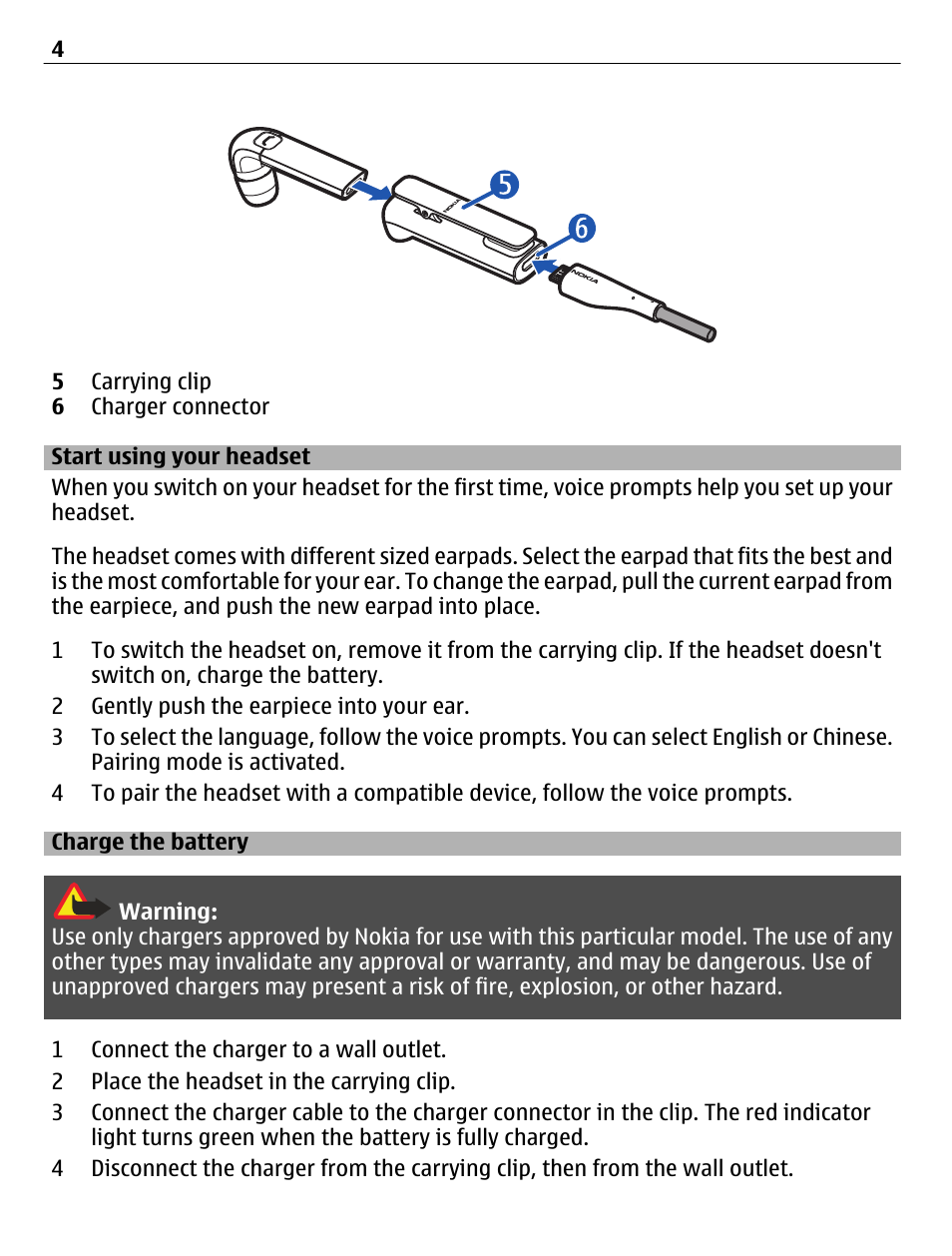 Start using your headset, Charge the battery | Nokia BH-806 User Manual | Page 4 / 10