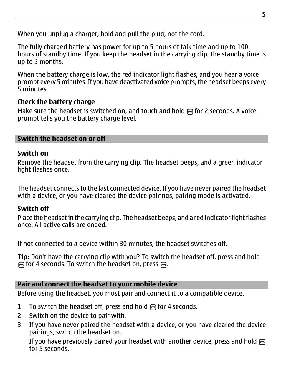 Switch the headset on or off, Pair and connect the headset to your mobile device | Nokia BH-806 User Manual | Page 5 / 10