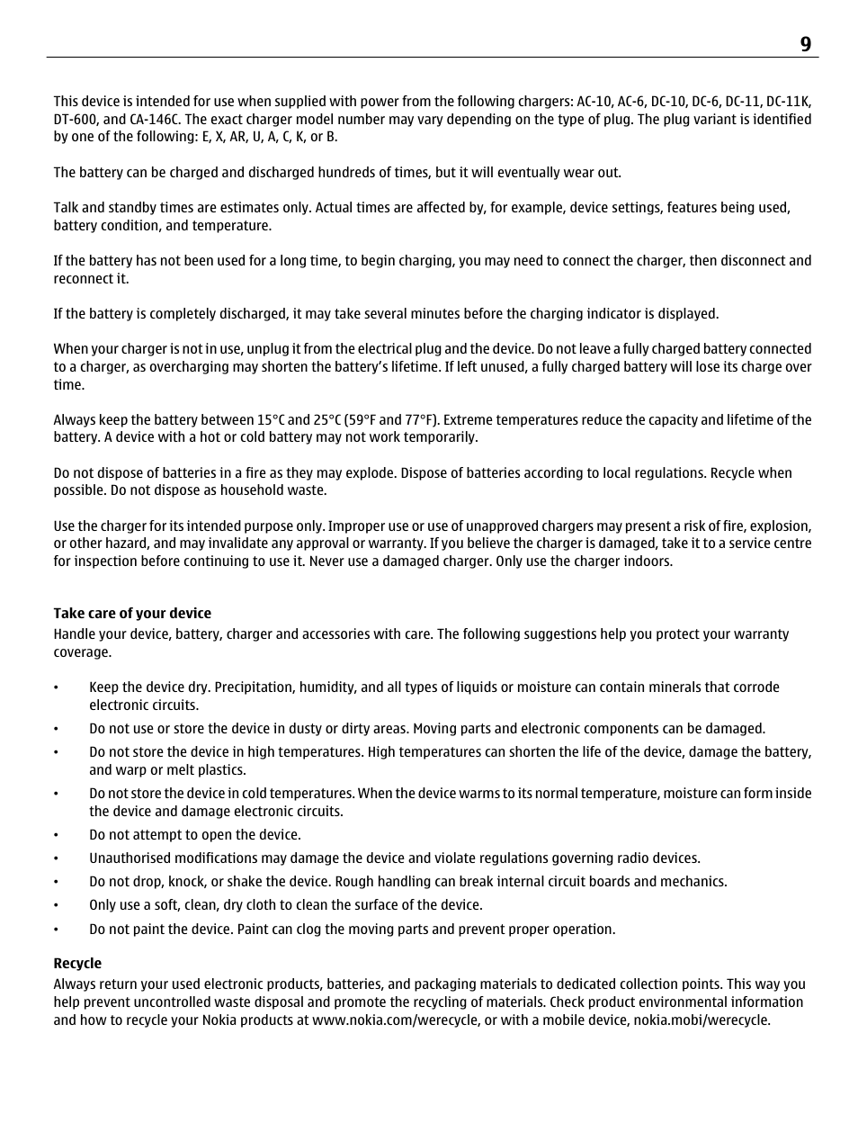 Take care of your device, Recycle | Nokia BH-806 User Manual | Page 9 / 10