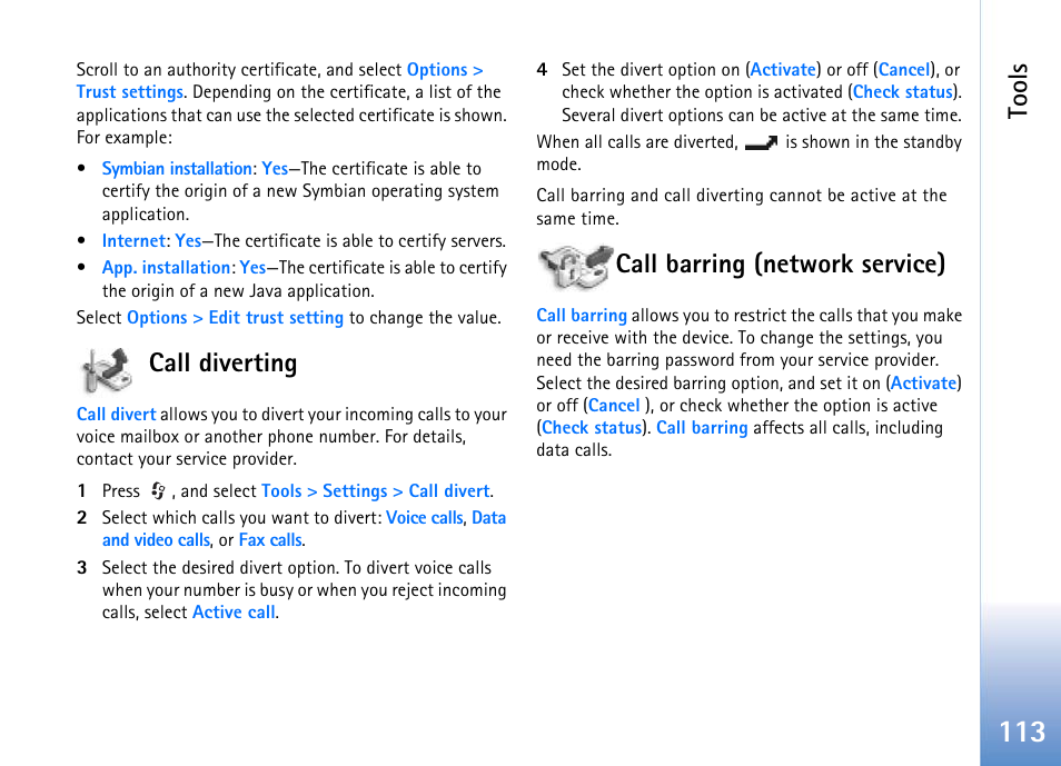 Call diverting, Call barring (network service), Call diverting call barring (network service) | See "call diverting" on pa, Tools | Nokia 702 User Manual | Page 113 / 154