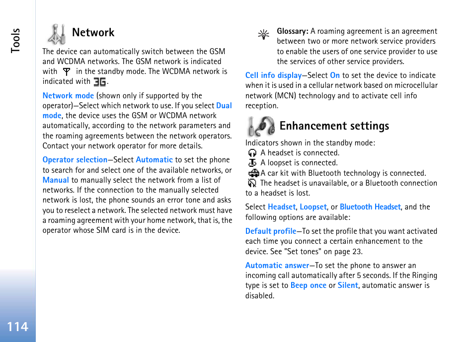 Network, Enhancement settings, Network enhancement settings | Tools | Nokia 702 User Manual | Page 114 / 154