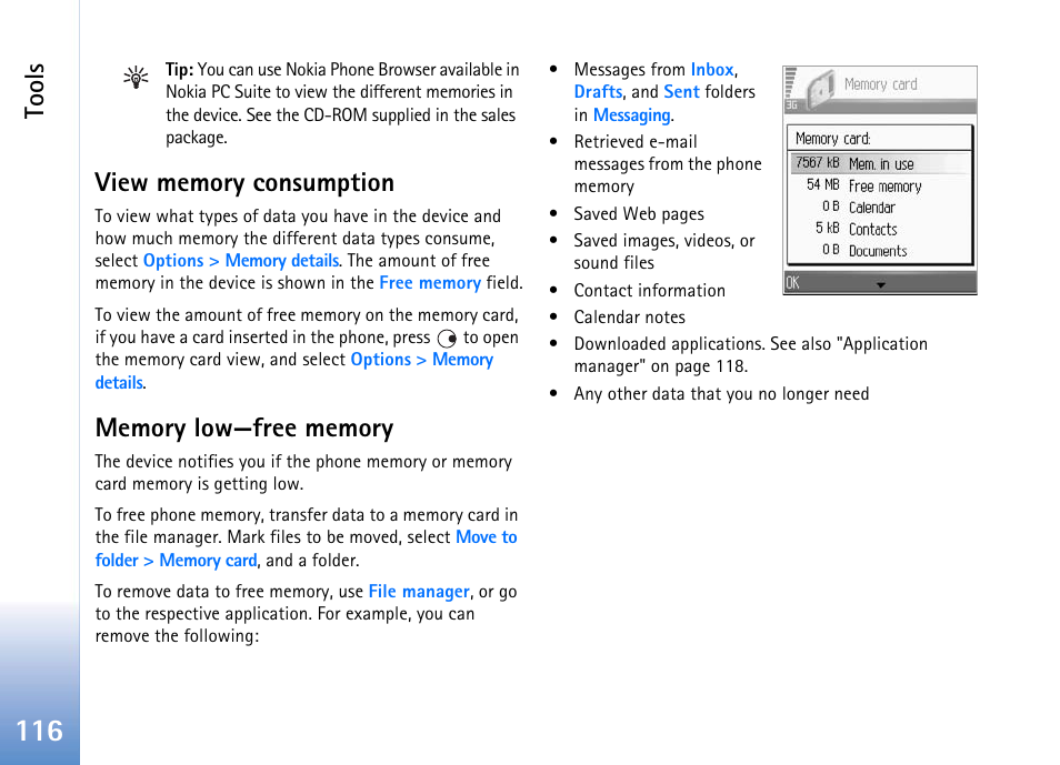 View memory consumption, Memory low—free memory, View memory consumption memory low—free memory | Tools | Nokia 702 User Manual | Page 116 / 154